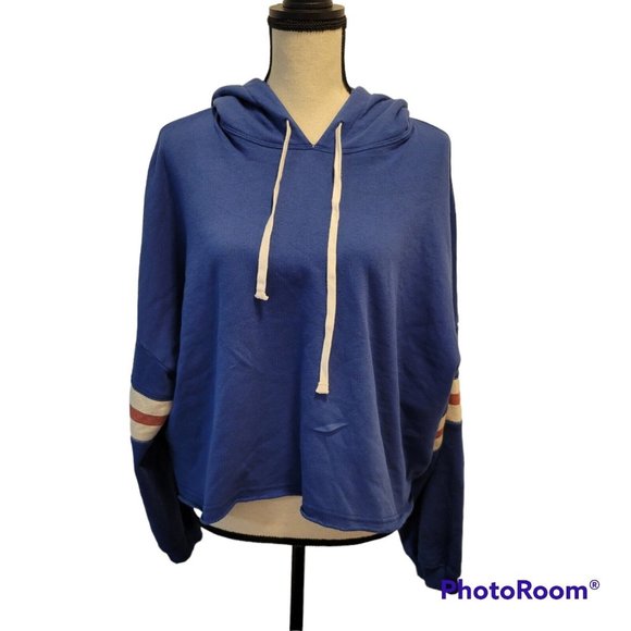 American Eagle Outfitters Tops - American Eagle Womens Blue Crop Oversized Distressed Pullover Hoodie Striped Arm